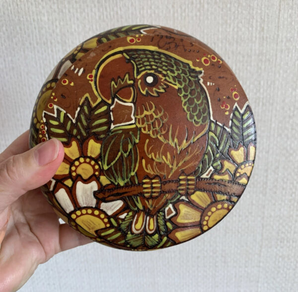 Round Wooden Box Hand Crafted Parrot Tropical Flower Designs