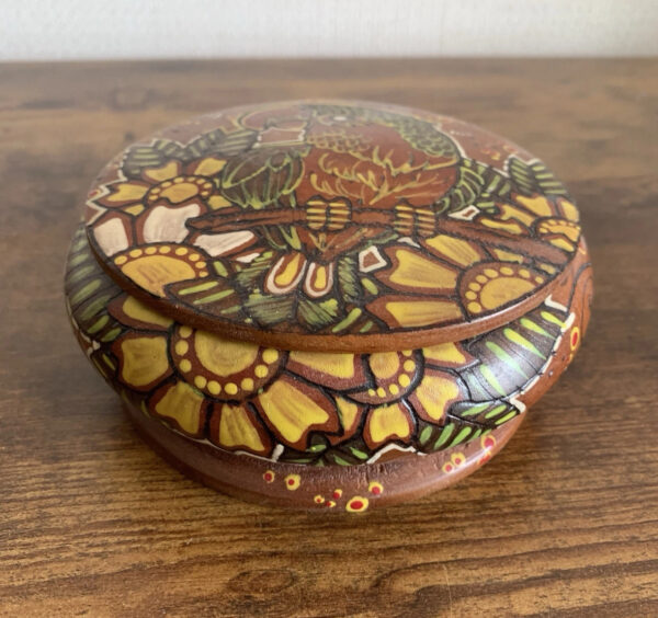 Round Wooden Box Hand Crafted Parrot Tropical Flower Designs - Image 2