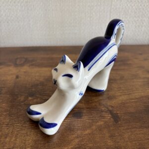 Vintage USSR Gzhel Ceramic Blue & White Stretching Cat Figurine