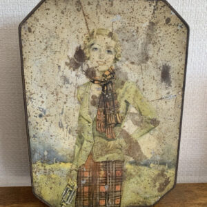Vintage Frears Biscuit Tin Empty Tartan Edge Lady In Tartan Scarf & Skirt