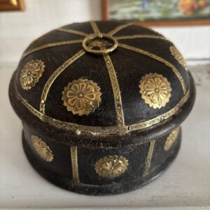 Round Wooden Box with Brass Embellishments