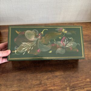 Wooden Box Hand Painted Green With Floral Pattern And Gold Detail, Signed