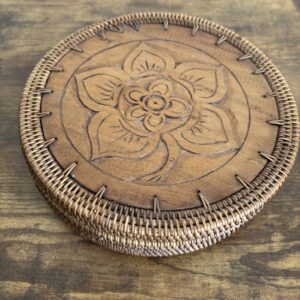 Hand Woven Rattan Round Box Hand Carved Wood Tropical Flower Lid