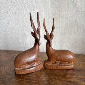 Mid Century Wooden Pair Of Sitting Antelope