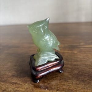 Vintage Green Stone Owl On Wooden Stand