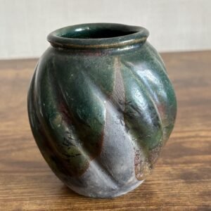 Studio Pottery Ribbed Vase with Green Iridescent Glaze