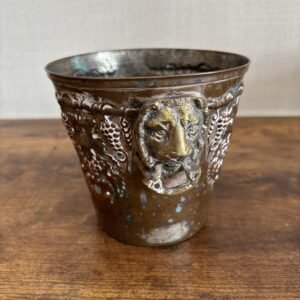 Vintage Metal Planter With Embossed Grape Pattern & Lion Handles