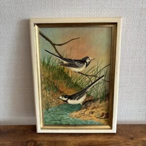 Vintage Wagtails Painting Oil On Board