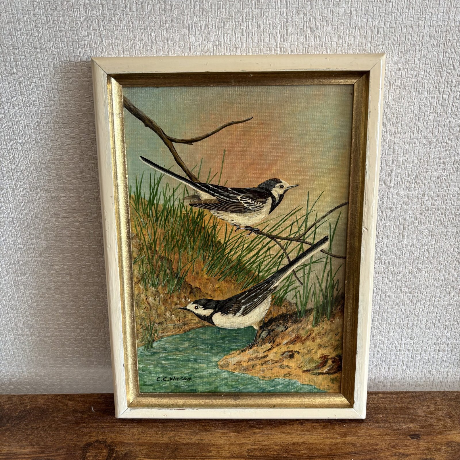 Vintage Wagtails Painting Oil On Board