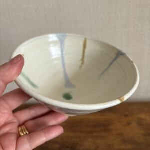 Studio Pottery Bowl Cream Glaze With Drips Of Colour