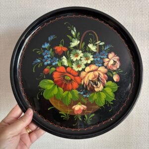 Vintage Hand Painted Floral Black Metal Round Tray
