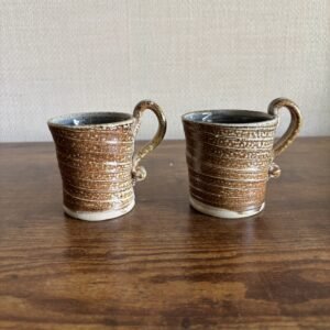 Two Studio Pottery Mugs Brown with Blue Interior Glaze
