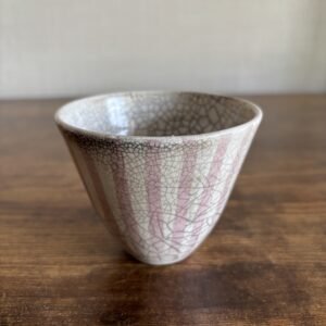 Small Studio Pottery Dish With Pink Stripes and Crackle Glaze