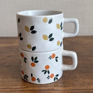 Pair Of Stoneware Cups Oranges & Lemons