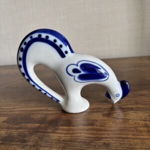 Vintage USSR Gzhel Blue & White Cockerel Ceramic Figurine – Hand-Painted Folk Art