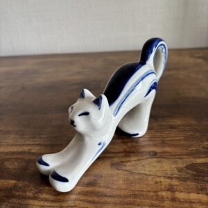 Vintage USSR Gzhel Blue & White Cat Ceramic Figurine – Hand-Painted Folk Art