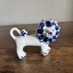 Vintage USSR Gzhel Blue & White Lion Ceramic Figurine – Hand-Painted Folk Art