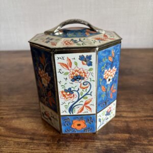 Vintage Tin Edward Sharp & Sons Octagon Floral Blue White Handle Empty