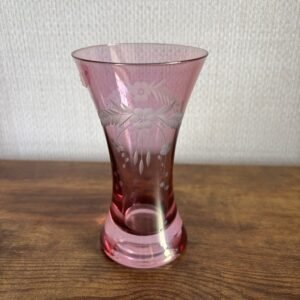 Vintage Clover Leaf Slovakian Glass Pink Etched Vase