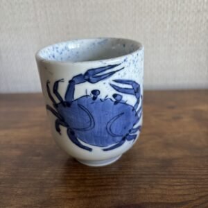 Japanese Pottery Cup Blue & White Porcelain with Crab Design
