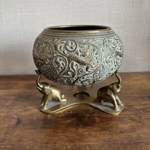 Large Antique Brass Ceylon Etched Bowl With Elephant Tripod Stand
