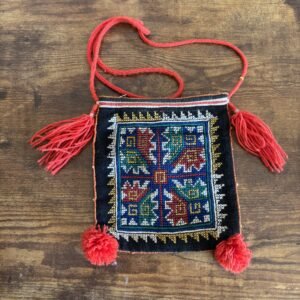 Small Boho Bag With Red Pom Poms