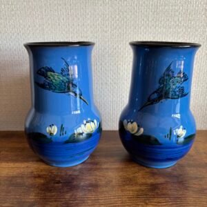 Pair Of Blue Torquay Ware Vases Featuring Kingfishers